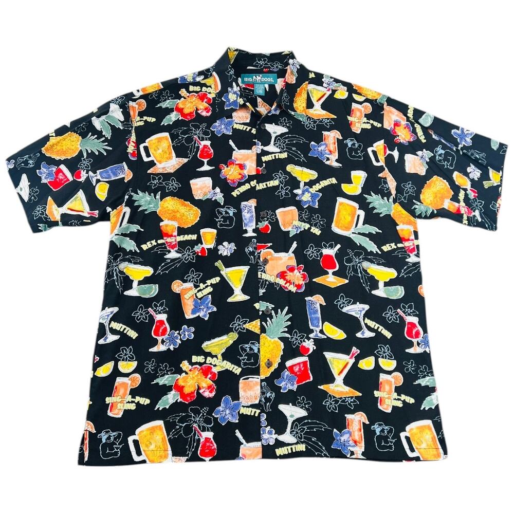 Big Dogs Hawaiian Shirt Black Tropical Cocktail Print Beach Camp Button Up - XL